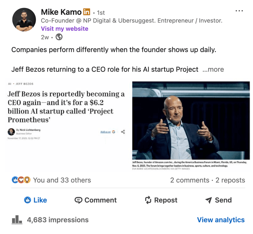 LinkedIn post by Mike Kamo generated with Authority AI - Post 2